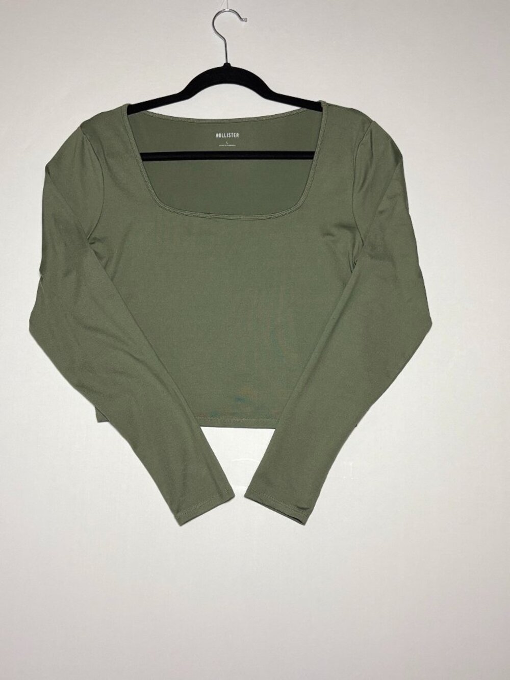 Hollister Sage Green Square Neck Cropped Long Sleeve Top Size L